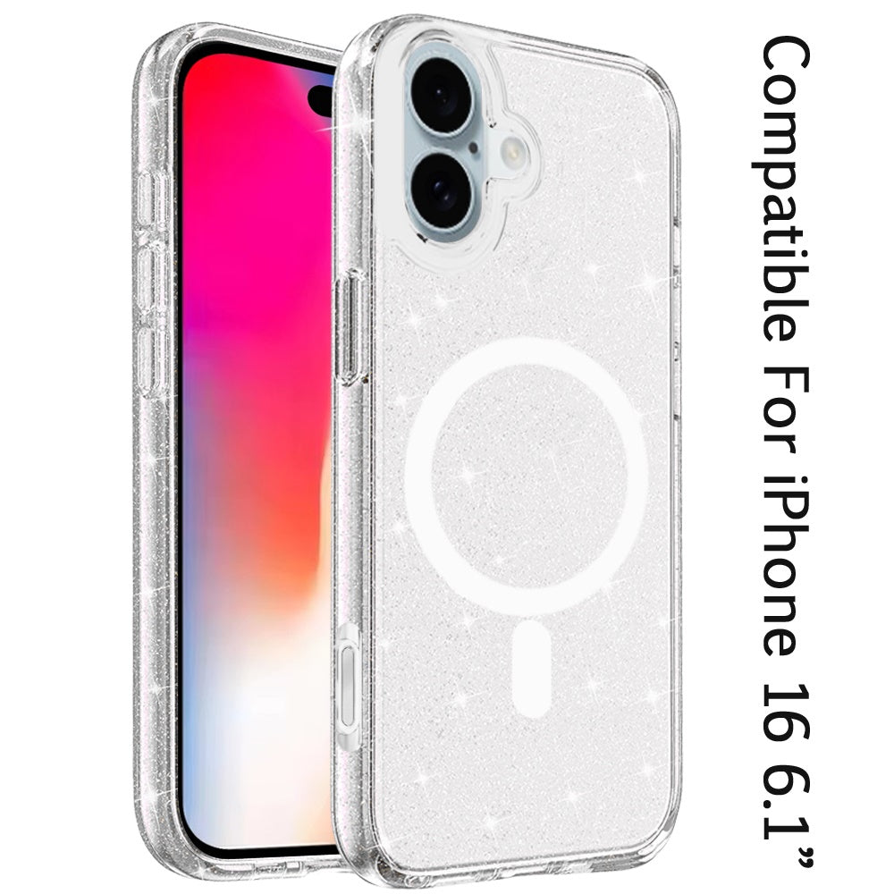 For iPhone 16 (6.1") MagSafe Compatible Glitter Sparkle Bling Hybrid Case with Magnetic Circle, Slim TPU & Hard PC Frame Case Cover Smoke