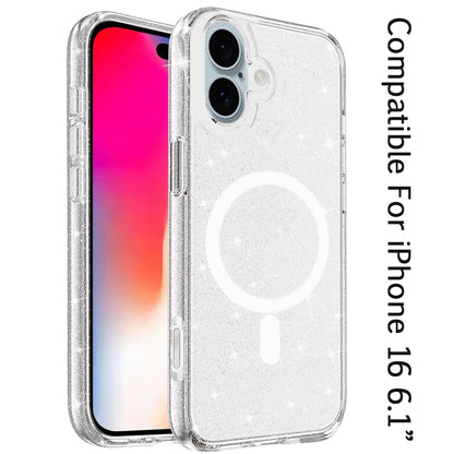 For iPhone 16 (6.1") MagSafe Compatible Glitter Sparkle Bling Hybrid Case with Magnetic Circle, Slim TPU & Hard PC Frame Case Cover Smoke