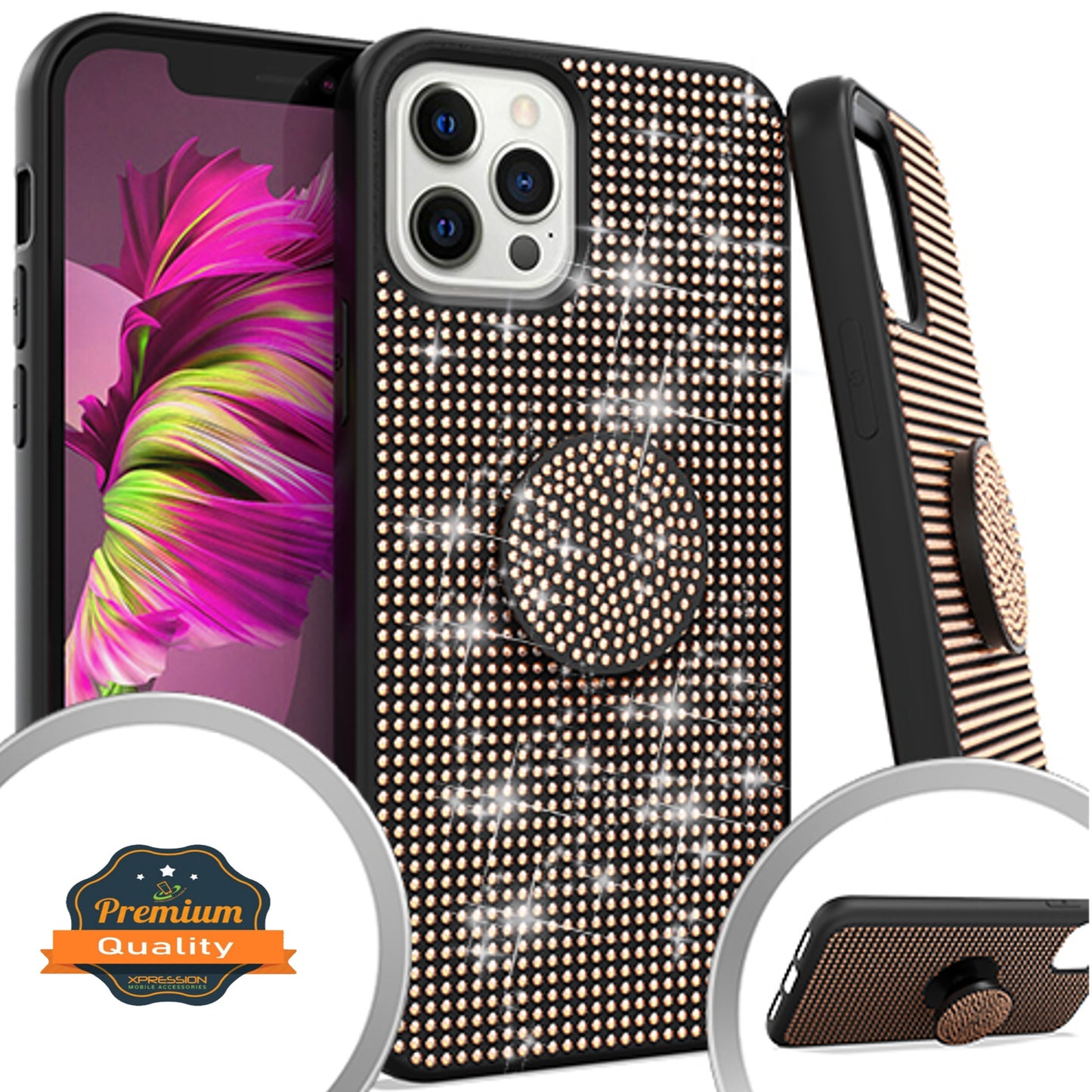 For Apple iPhone 15 Pro Max (6.7") Luxury Glitter Sparkle Bling Rugged Hybrid Collapsible Stand Ring Holder Hard Shell  Phone Case Cover