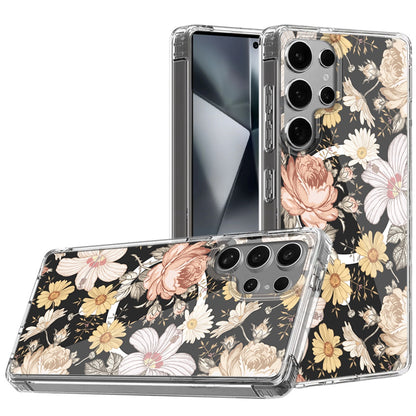 For Samsung Galaxy S25 Ultra Hybrid Flower Design Stylish Fashion Case, MagSafe Compatible, Thick Shockproof Hard PC Case Cover
