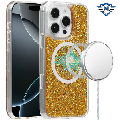 For Apple iPhone 16 (6.1") Premium Transparent Epoxy Glitter Bling Magnetic Circle Compatible with MagSafe Hybrid Sparkle Slim TPU Case Cover