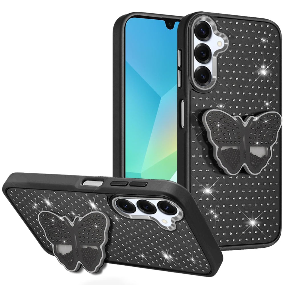 For Samsung Galaxy A16 5G Butterfly Moveable Grip 3D Pop Stand Full Diamond Bling Sparkling TPU Fashion Hybrid Case Cover
