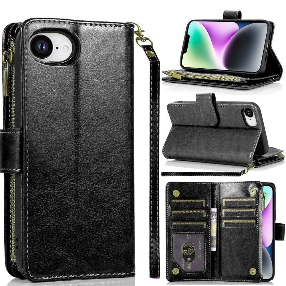 For T-Mobile Revvl 7 5G Leather Wallet Case with Zipper, 9 Card Slots, Cash Pocket, Stand & Strap, Clutch Pouch Design Case Cover Black