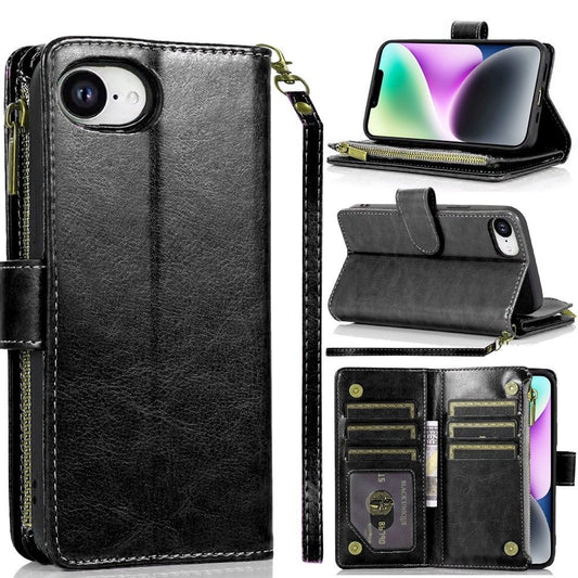 For T-Mobile Revvl 7 5G Leather Wallet Case with Zipper, 9 Card Slots, Cash Pocket, Stand & Strap, Clutch Pouch Design Case Cover Black