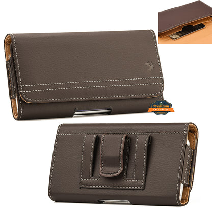 For Apple iPhone 16 Pro (6.3") Horizontal Universal Carry Pouch Cell Phone Case PU Leather Holster Belt Clip Loop Card Slot & Magnetic Closure [Brown]