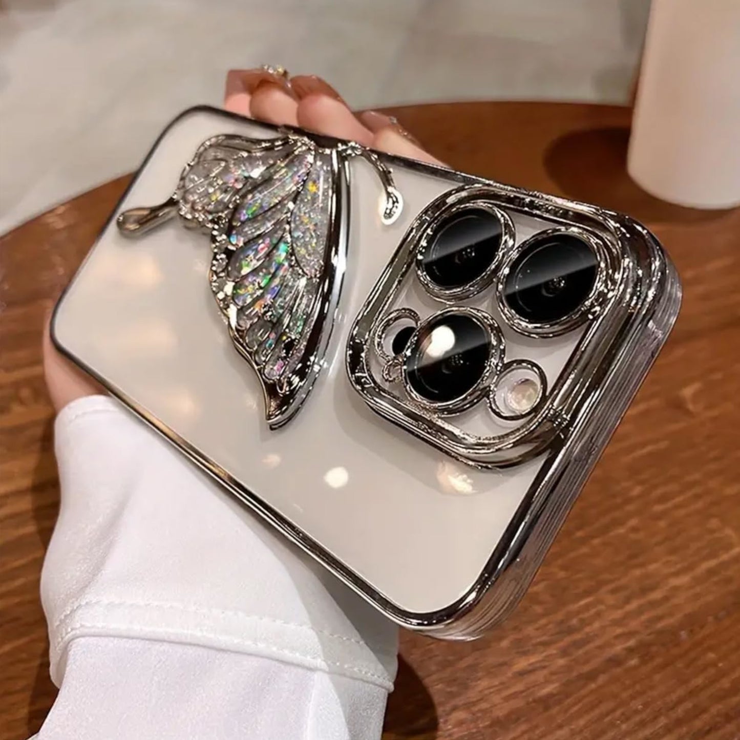 For Apple iPhone 16 Pro Max (6.9") Glitter 3D Butterfly Bling Luxury Electroplate Chrome Sparkle Liquid Flowing Plating Bumper Case Cover