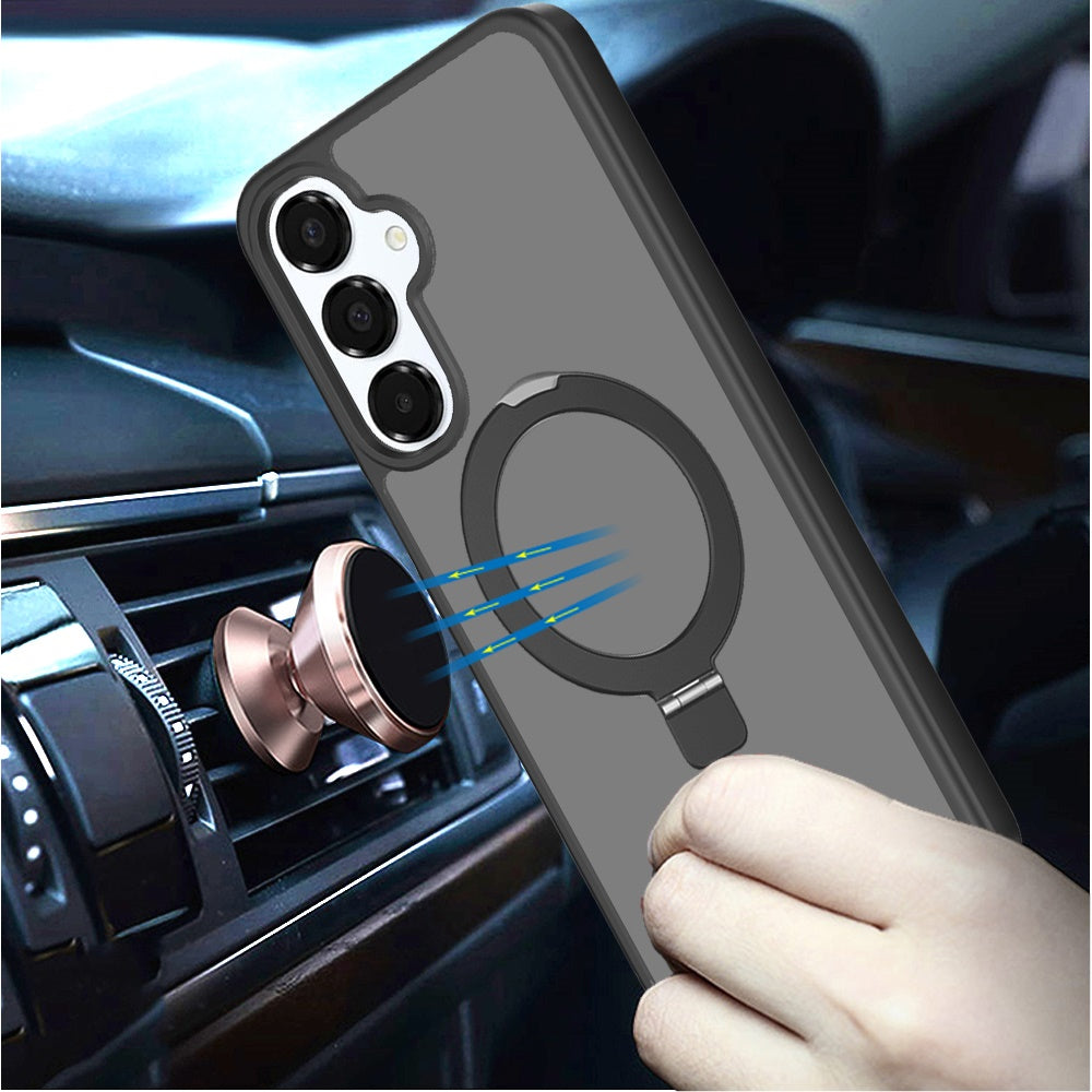 For Samsung Galaxy A16 5G Magnetic Circle Back with Ring Stand Full Rotation Matte Hybrid Shockproof Case Cover Dark Purple