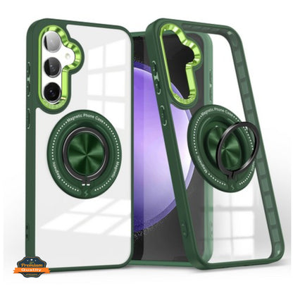 For Samsung Galaxy S25 /S24 Clear Transparent Back Hybrid with Rotating Ring Stand, MagSafe Compatible Shockproof Slim TPU PC Case Cover