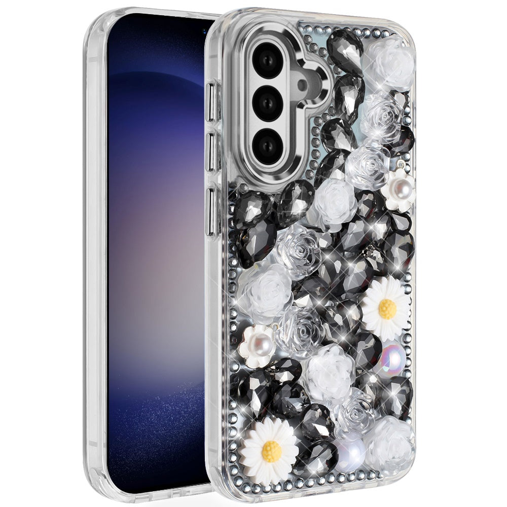 For Samsung Galaxy S23 Fashion Daisy Floral Series, Full 3D Bling Crystal Diamonds Sparkling Rhinestone Glitter Hybrid Design Case Cover Blue