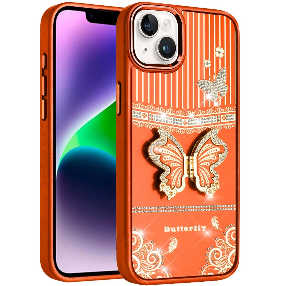 For iPhone 12 / iPhone 12 Pro (6.1") Glitter 3D Butterfly Design Bling Metallic Edge Hybrid Stand Drop Protection TPU Shockproof Case Cover Cosmic Orange