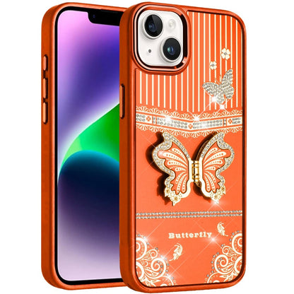For iPhone 12 / iPhone 12 Pro (6.1") Glitter 3D Butterfly Design Bling Metallic Edge Hybrid Stand Drop Protection TPU Shockproof Case Cover Cosmic Orange