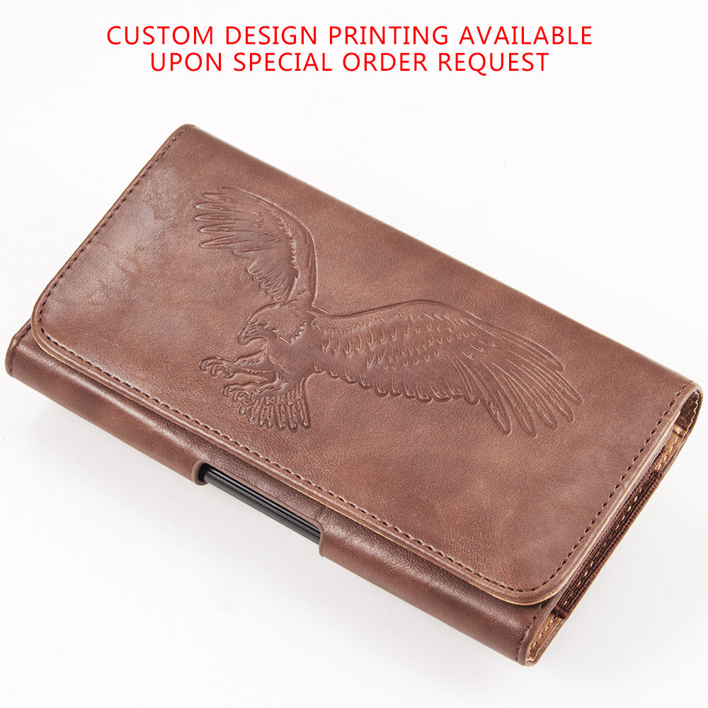 For Apple iPhone 16 Pro (6.3") Universal Horizontal Leather Phone Case with Embossed American Eagle Pouch Belt Clip Holster & Magnetic Pouch [Brown]