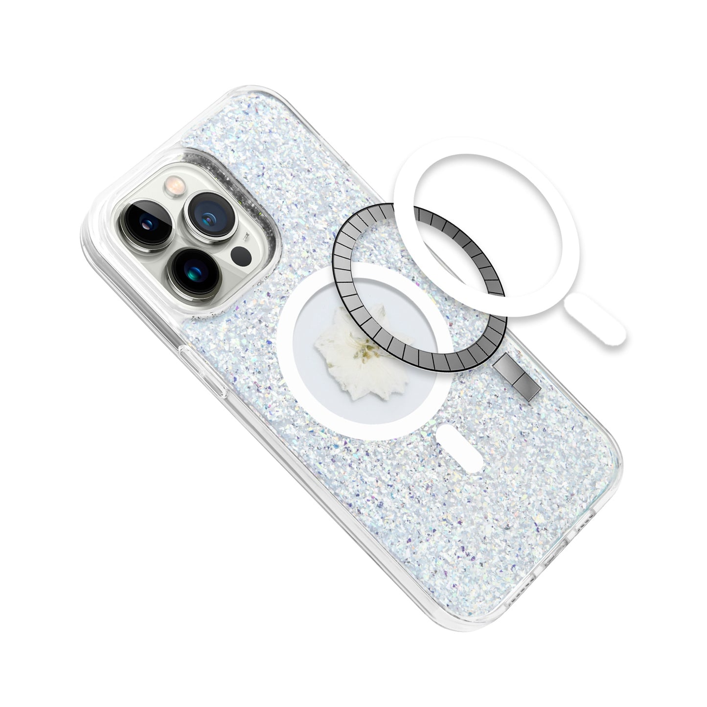 For Apple iPhone 15 Pro Max MagSafe Compatible Glitter Flower Epoxy Hybrid Slim TPU Case, Magnetic Circle Design, Sparkly Bling Protective Case Cover Silver