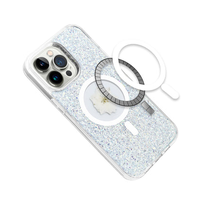 For Apple iPhone 15 Pro Max MagSafe Compatible Glitter Flower Epoxy Hybrid Slim TPU Case, Magnetic Circle Design, Sparkly Bling Protective Case Cover Silver