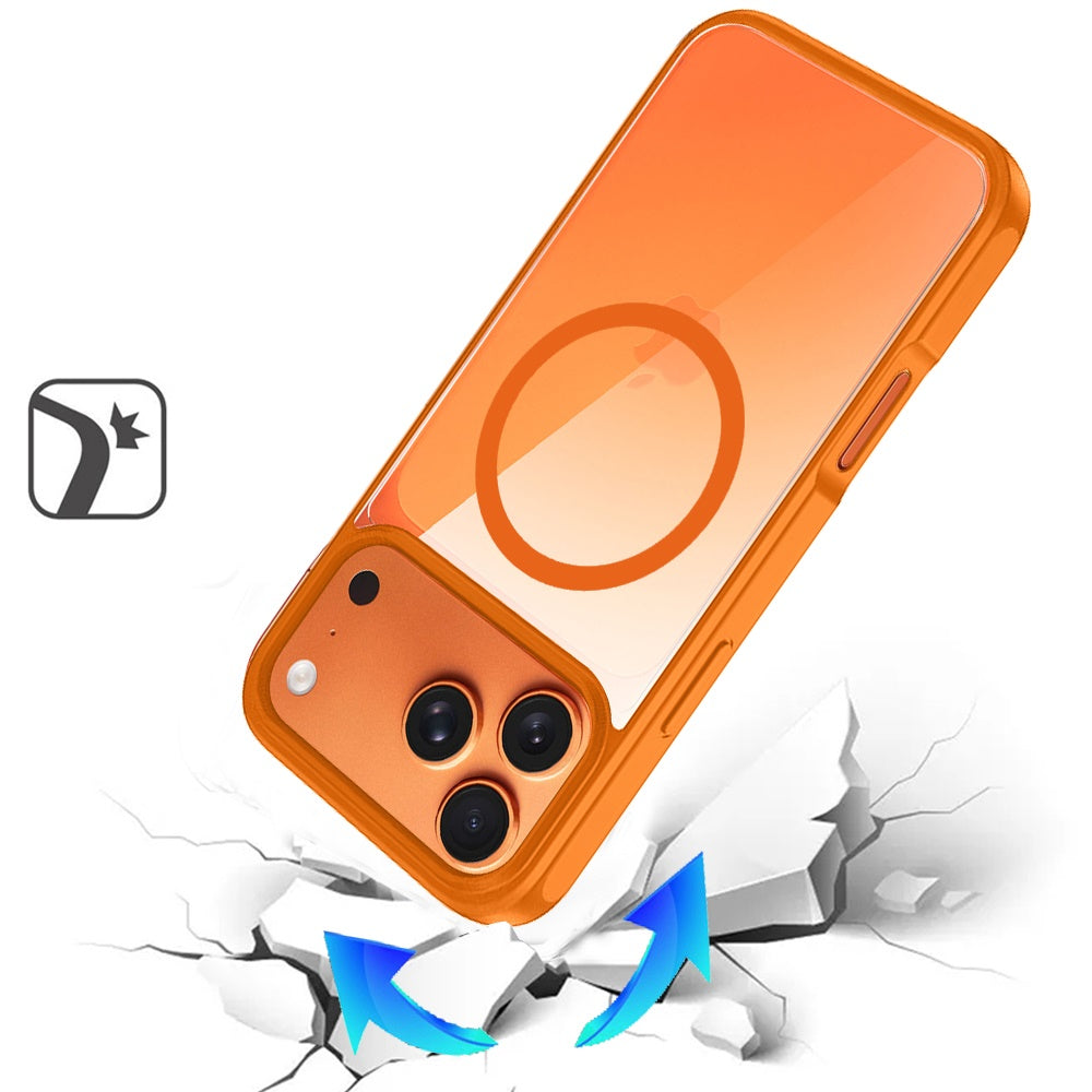 For Apple iPhone 17 Pro (6.3") Magnetic Circle HQ Transparent Clear TPU Thick 2.0mm Frame Hybrid Shockproof Protector Case Cover Cosmic Orange