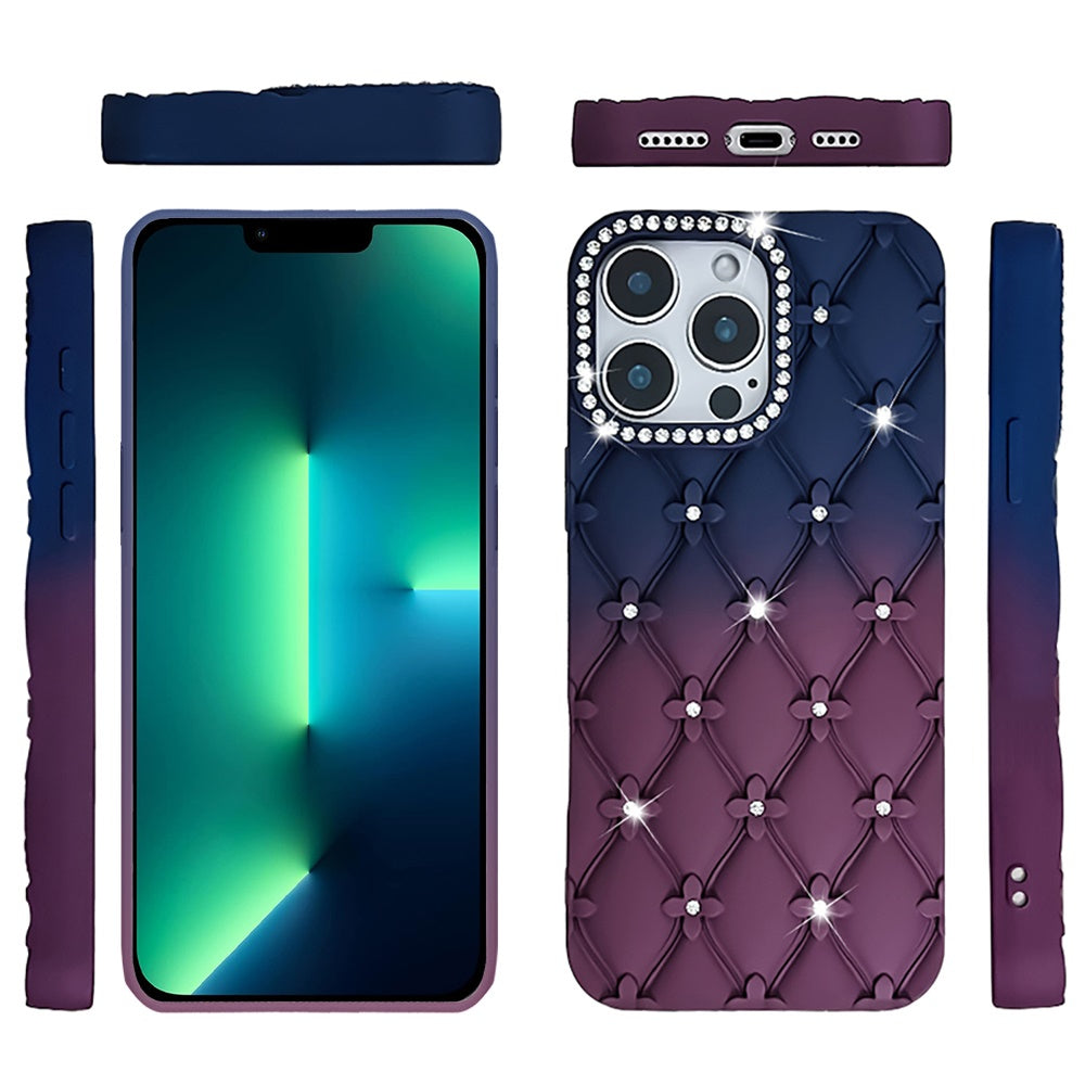 For Apple iPhone 17E /16E Fashion Flower Design Sparkle Glitter Shimmer Rhinestone Bling Floral Accents, Leather Texture TPU Case Cover