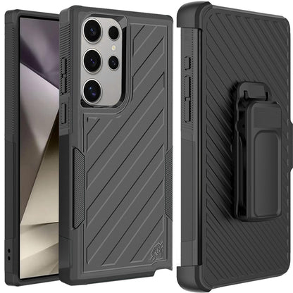 For Samsung Galaxy S25 /S24 Premium Tough Hybrid Case with Belt Clip Holster, Shockproof Rugged Design, Textured 2in1 Non-Slip Case Cover Black