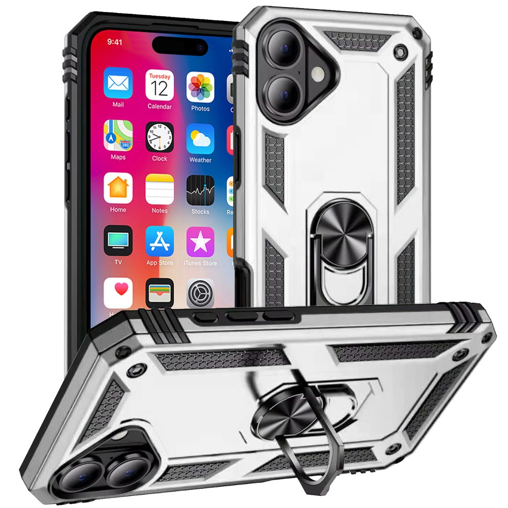 For iPhone 16 (6.1") Hybrid Shockproof Durable 360 Degree Rotatable Ring Stand Holder Kickstand Fit Magnetic Car Mount Case Cover Rose Gold