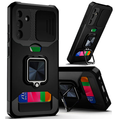 For Apple iPhone 17E /16E Wallet Case with Ring Stand & Slide Camera Cover Back Credit Card Slot Holder, Military Grade Case Cover