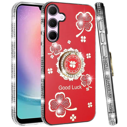 For Samsung Galaxy A26 Diamonds Bling All Around Edges Sparkly Glitter Hybrid with Ring Stand Holder Fashion Good Luck Case Cover