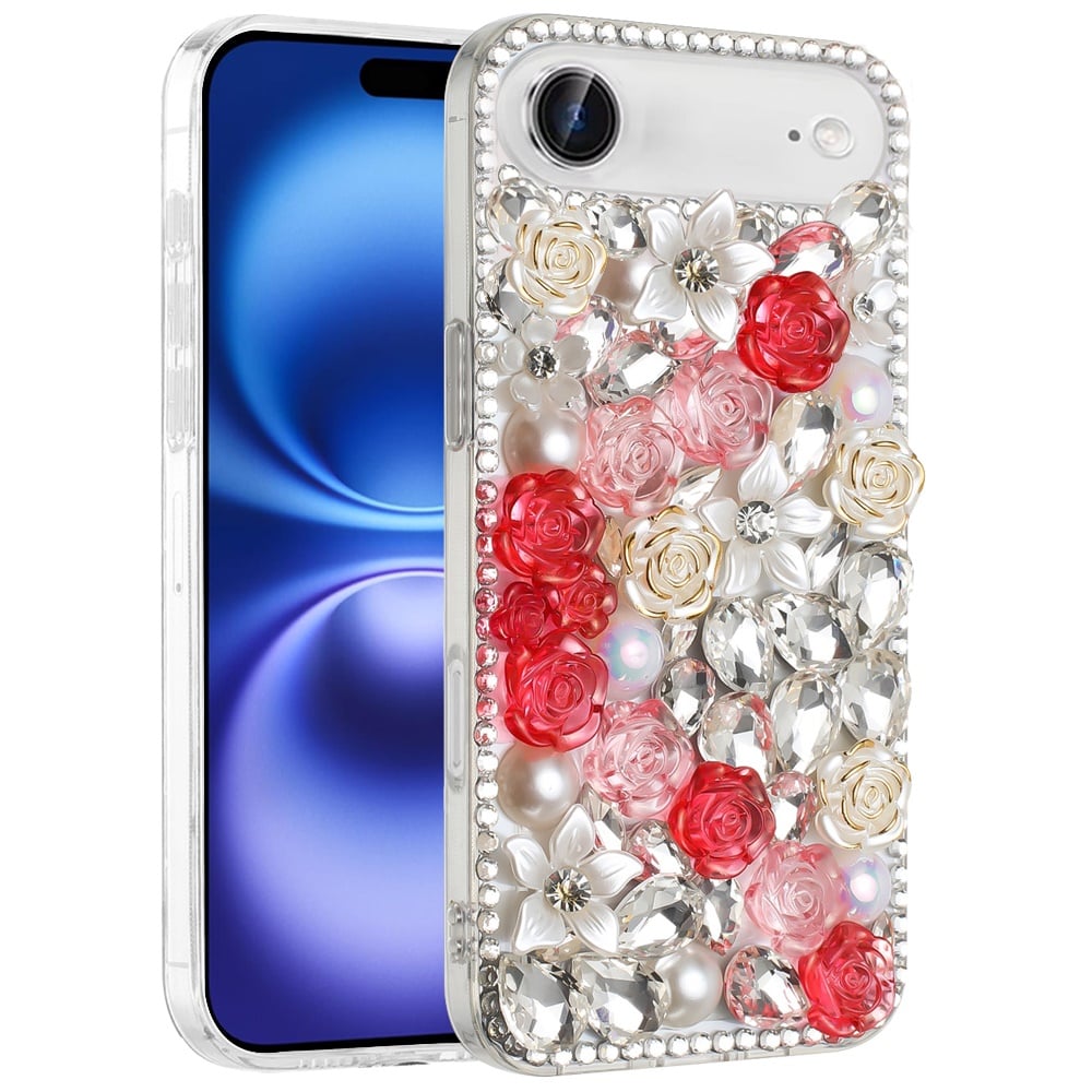 For Apple iPhone 17 Air (6.6") Fashion Rose Flower Floral Bling Crystal 3D Full Diamonds Pearl Sparkle Rhinestone Glitter Hybrid Case Cover