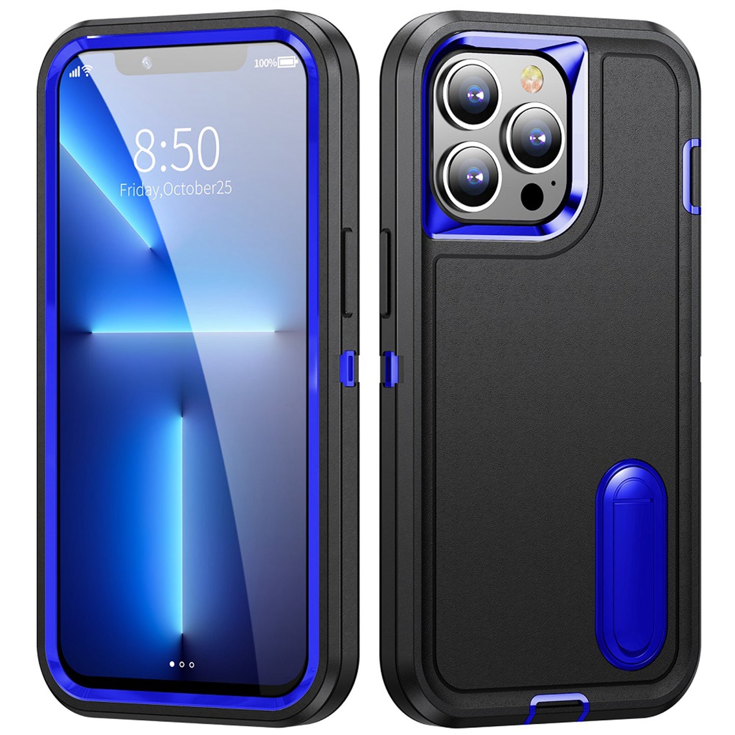 For Apple iPhone 16 Pro (6.3") Hybrid 3 Layers Hard 3in1 Shockproof with Kickstand Heavy Duty Hard TPU Rubber Anti-Drop Case Cover Black / Blue