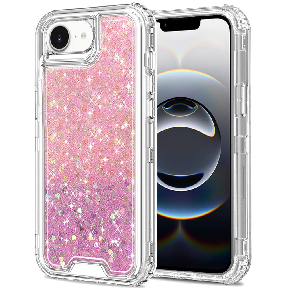 For Apple iPhone 16e Epoxy Bling Glitter Sparkly 3-in-1 Transparent Hybrid Full-Body Shockproof PC Bumper Case Cover