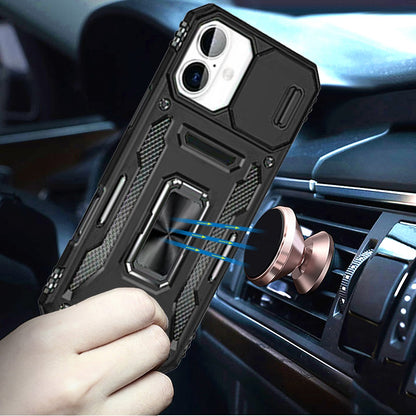 For Apple iPhone 17 (6.3") Tough Hybrid Case with Movable Camera Window & Metal Ring Stand Shockproof Case Cover