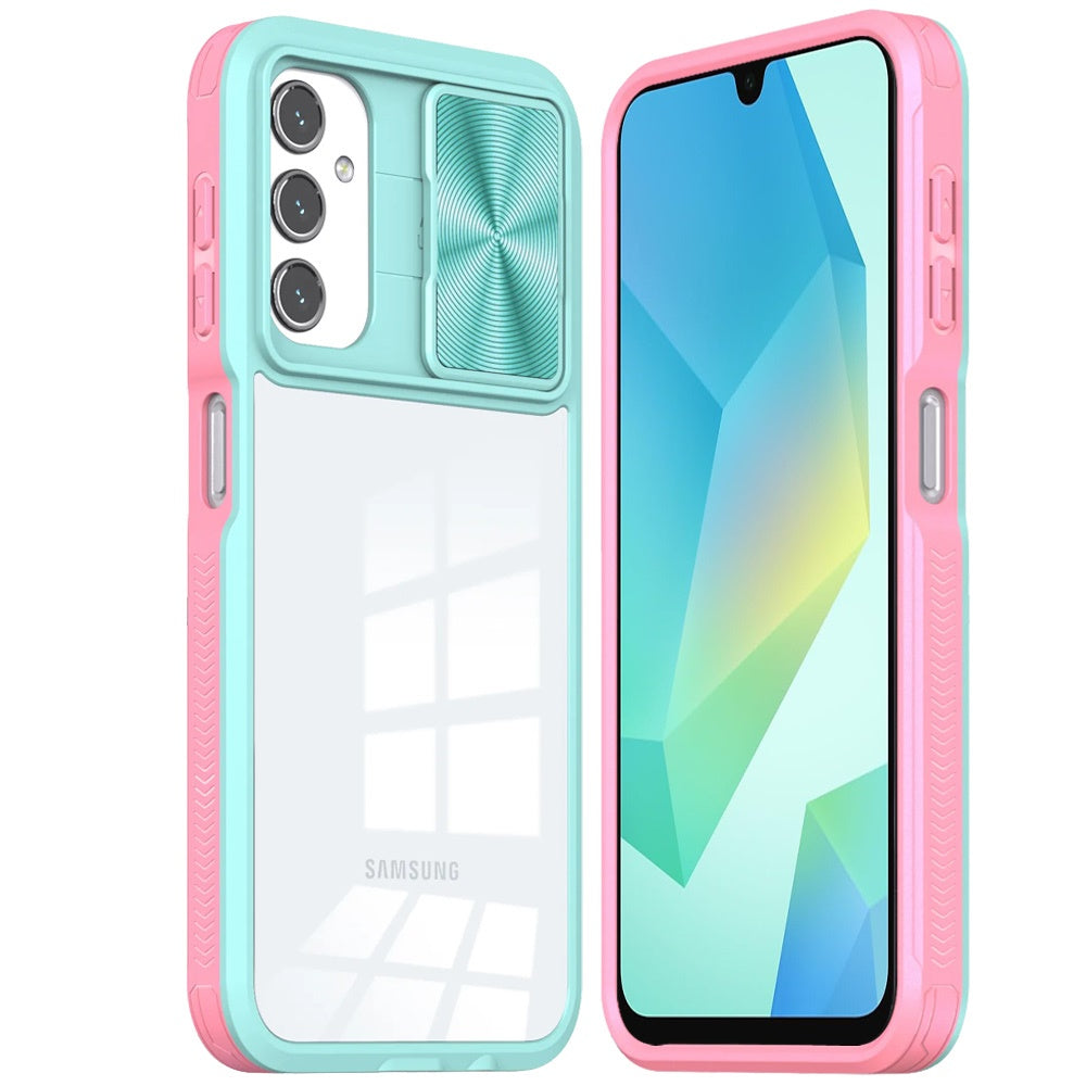 For Samsung Galaxy A16 5G Hybrid Cases with Sliding Camera Cover Transparent Shockproof Bumper TPU Protective Case Cover Pink/Blue