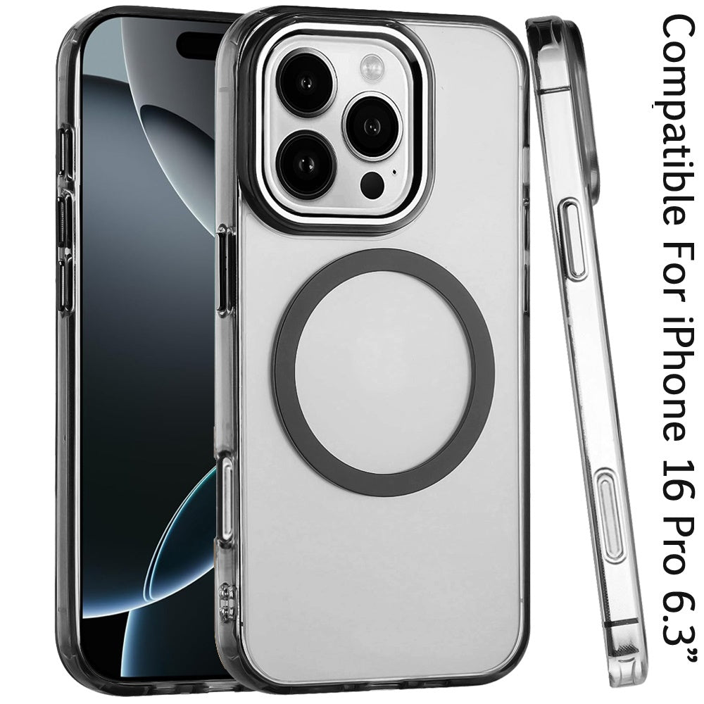 For Apple iPhone 16 Pro Transparent Back Hybrid Case - Magnetic Circle, Color Frame, Metal Buttons, MagSafe Compatible Case Cover