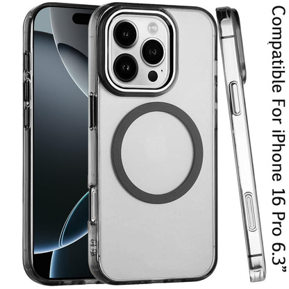 For Apple iPhone 16 Pro Transparent Back Hybrid Case - Magnetic Circle, Color Frame, Metal Buttons, MagSafe Compatible Case Cover