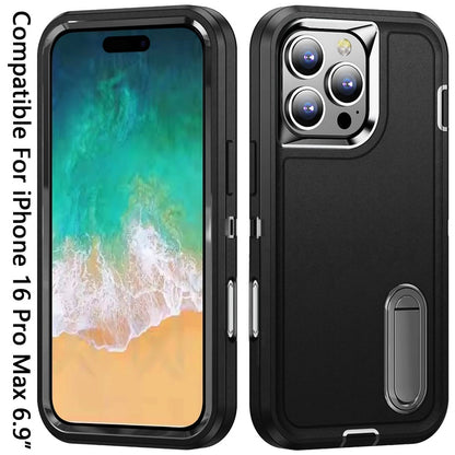 Phone Case for Apple iPhone 16 Plus 3in1 Tough Rugged Kickstand Shockproof Armor Grip Heavy Duty Drop Resistant Protective Hybrid Cover Black +Black