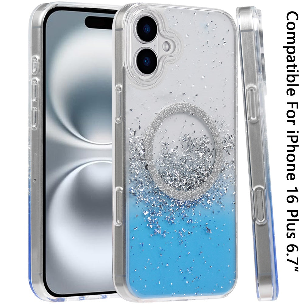 For Apple iPhone 16 Plus (6.7") Transparent Epoxy Glitter Magnetic Circle Compatible with MagSafe Hybrid Bling Sparkle Hard PC Slim TPU Case Cover