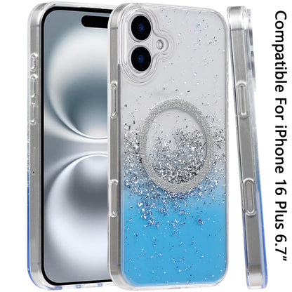 For Apple iPhone 16 Plus (6.7") Transparent Epoxy Glitter Magnetic Circle Compatible with MagSafe Hybrid Bling Sparkle Hard PC Slim TPU Case Cover