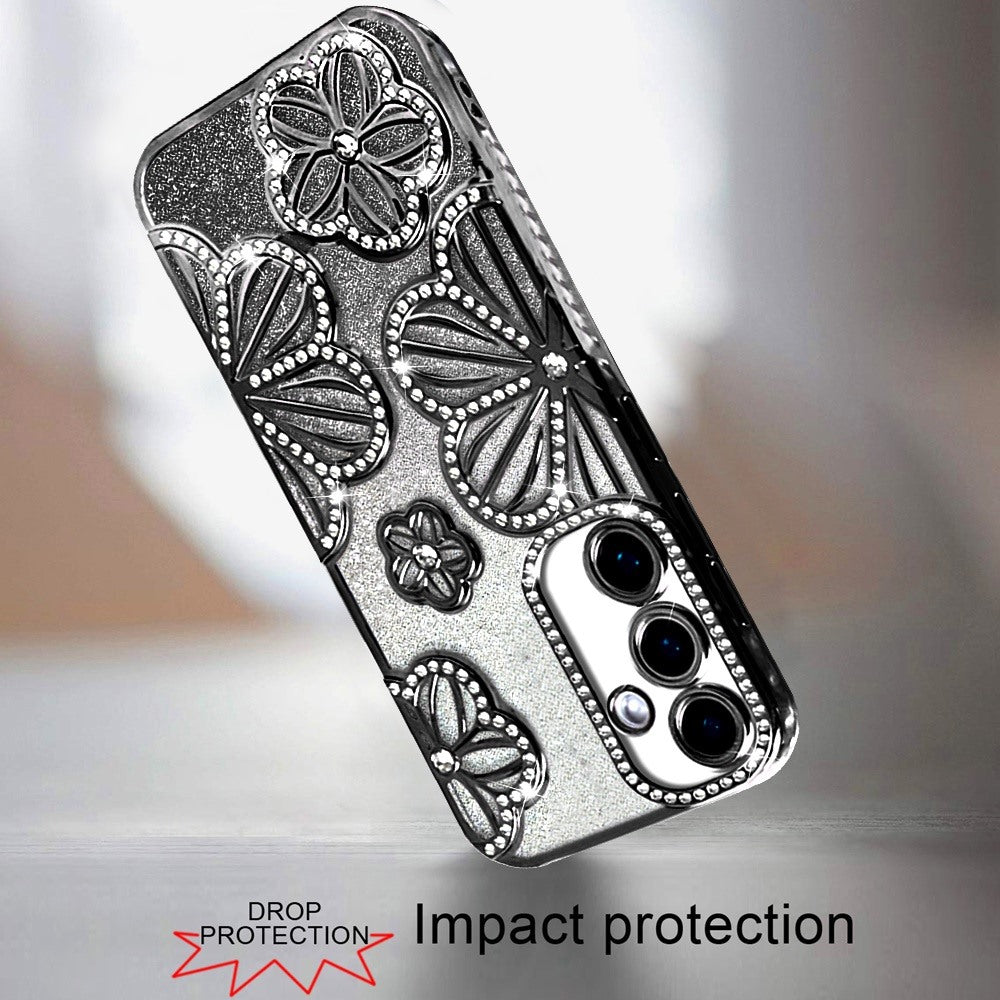 For Samsung Galaxy A16 5G Luxury Flower Design Sparkle Glitter Diamond Rhinestone Shimmer Bling Plating Thick TPU Hard PC Case Cover Flower Black