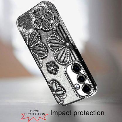 For Samsung Galaxy A16 5G Luxury Flower Design Sparkle Glitter Diamond Rhinestone Shimmer Bling Plating Thick TPU Hard PC Case Cover Flower Black