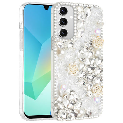 For Samsung Galaxy A16 5G Fashion Rose Flower Floral Bling Crystal 3D Full Diamonds Pearl Sparkle Rhinestone Glitter Hybrid Case Cover