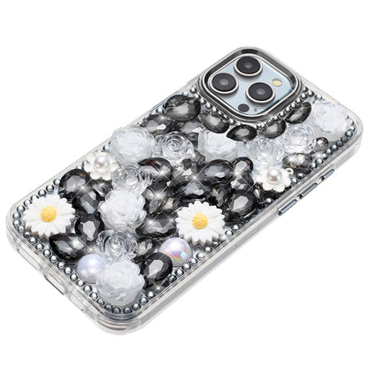 For Apple iPhone 13 Pro Max Fashion Daisy Floral Series, Full 3D Bling Crystal Diamonds Sparkling Rhinestone Glitter Hybrid Design Case Cover Black