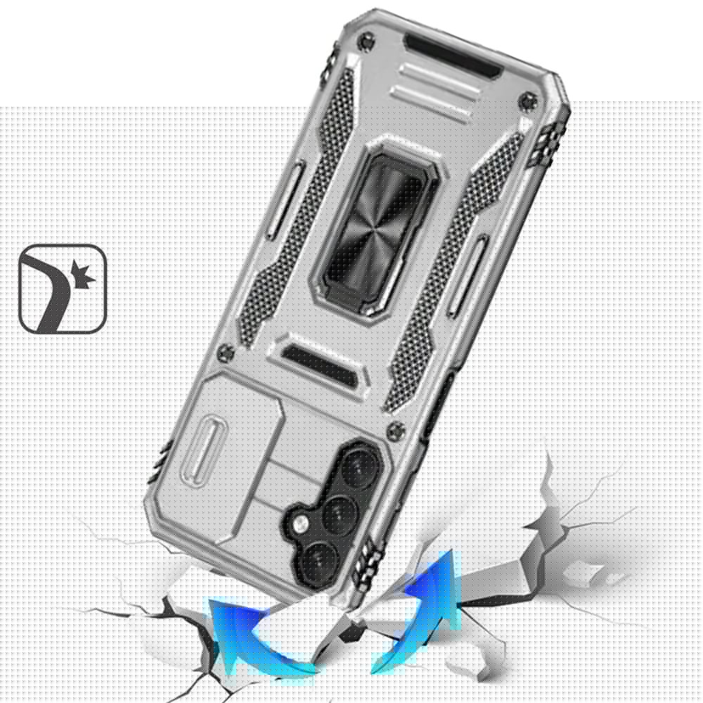 For Samsung Galaxy A16 5G Tough Hybrid Case with Movable Camera Window & Metal Ring Stand Shockproof Case Cover Silver