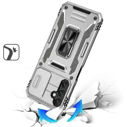 For Samsung Galaxy A16 5G Tough Hybrid Case with Movable Camera Window & Metal Ring Stand Shockproof Case Cover Silver