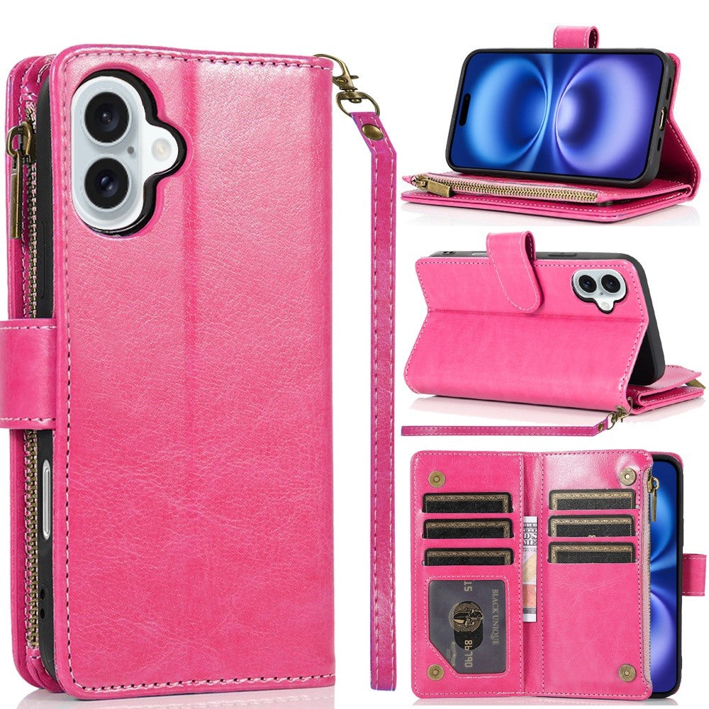 For Apple iPhone 17 (6.3") Leather Wallet Case with Zipper, 9 Card Slots, Cash Pocket, Stand & Strap, Clutch Pouch Design Case Cover