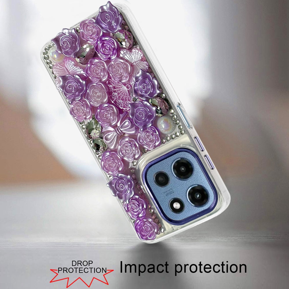 For Motorola Moto G 5G 2026/2025 3D Diamond Floral Roses Flower Bling Stone Hybrid, Sparkly Rhinestone Gemstone Back Shockproof Case Cover