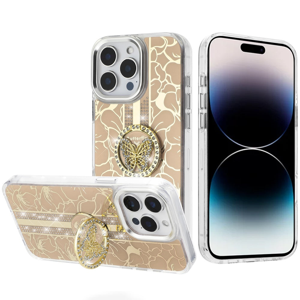 For Motorola Moto G 5G 2025 Diamonds 3D Butterfly Floral Design Bling Sparkly Glitter Hybrid Metal Fashion with Ring Stand Case Cover Gold