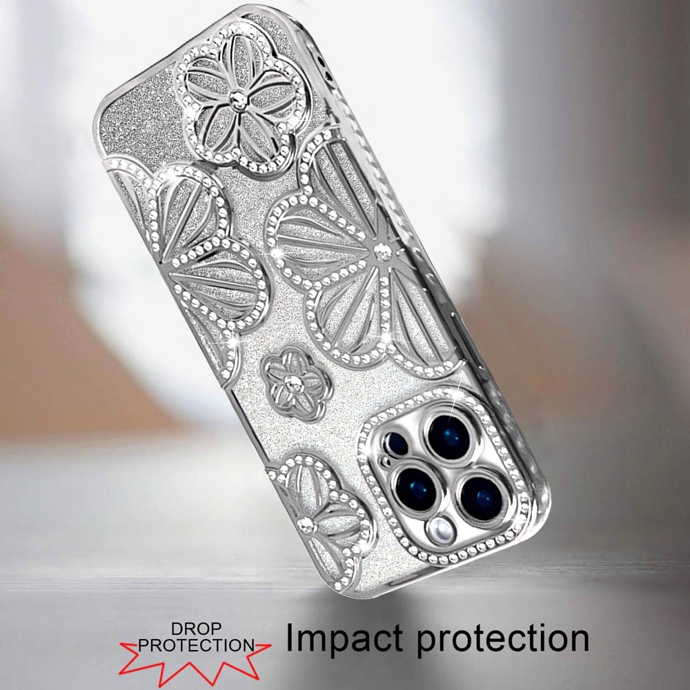 For Apple iPhone 12 Pro Max Luxury Flower Design Sparkle Glitter Diamond Rhinestone Shimmer Bling Plating Thick TPU Hard PC Case Cover