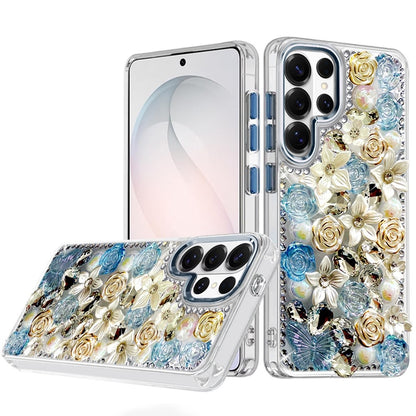 For Samsung Galaxy S26 Ultra 3D Diamond Floral Roses Flower Bling Stone Hybrid, Sparkly Rhinestone Gemstone Back Shockproof Case Cover