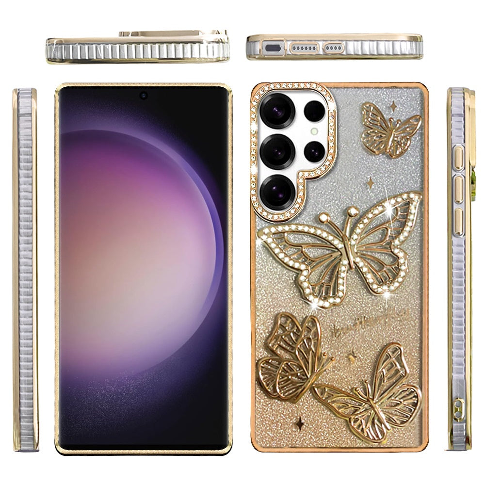 For Samsung Galaxy S23 Ultra Luxury Butterfly Sparkle Glitter Diamond Crystal Rhinestone Shimmer Bling Plating Thick TPU Hard PC Case Cover