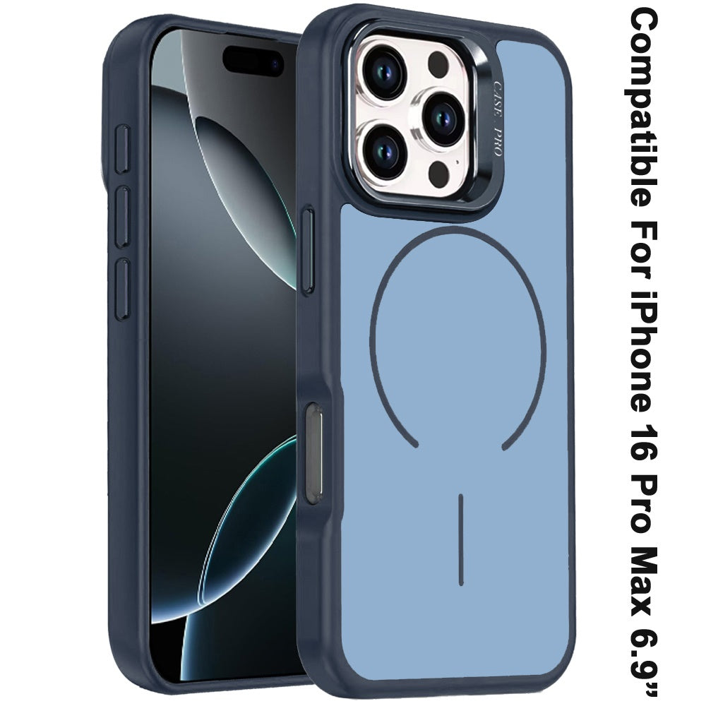 Phone Case for Apple iPhone 16 Pro Max Premium Matte Magnetic Camera Stand Hybrid Shockproof Rugged Protective Anti Scratch Durable Grip Metal Buttons Cover Navy Blue
