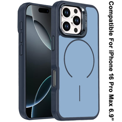 Phone Case for Apple iPhone 16 Pro Max Premium Matte Magnetic Camera Stand Hybrid Shockproof Rugged Protective Anti Scratch Durable Grip Metal Buttons Cover Navy Blue