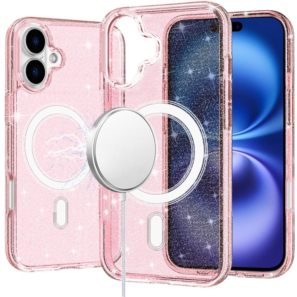 For Apple iPhone 17 MagSafe Compatible Glitter Sparkle Bling Hybrid Case with Magnetic Circle, Slim TPU & Hard PC Frame Case Cover Pink