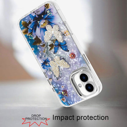 For Apple iPhone 17 (6.3") Epoxy Glitter Flowers Bling 3D Butterfly Fashion TPU Hybrid with Shockproof Protection Case Cover